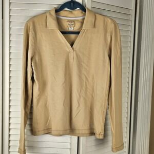 Filson Womens Beige V Neck Collared Long Sleeve Shirt Top Small